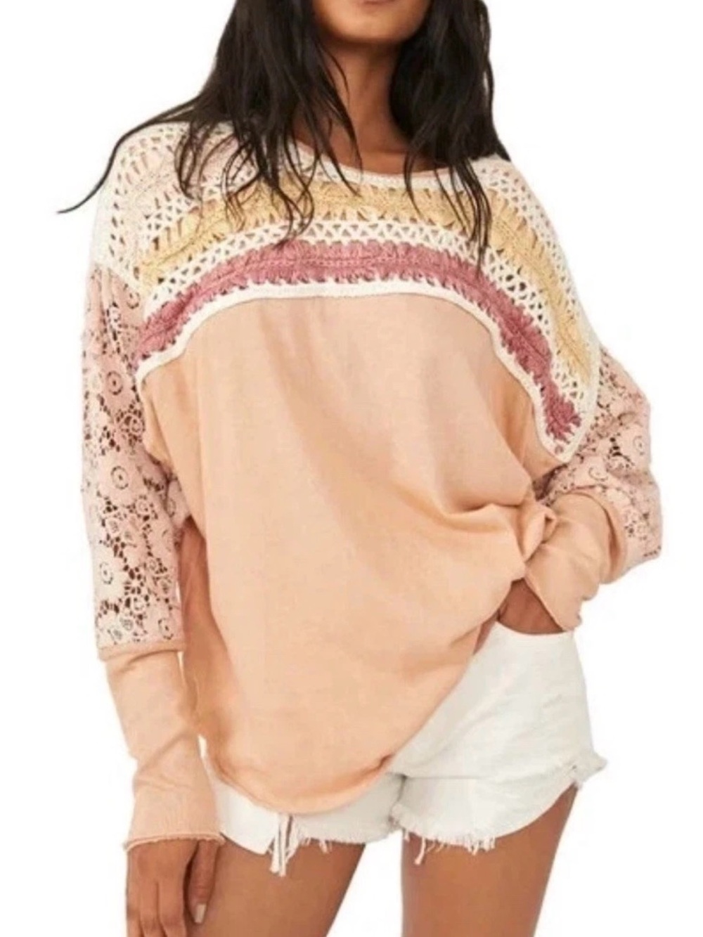Free People Peach Pullover with Yellow & Dusty Rose Crochet COTTON sweatshirt L